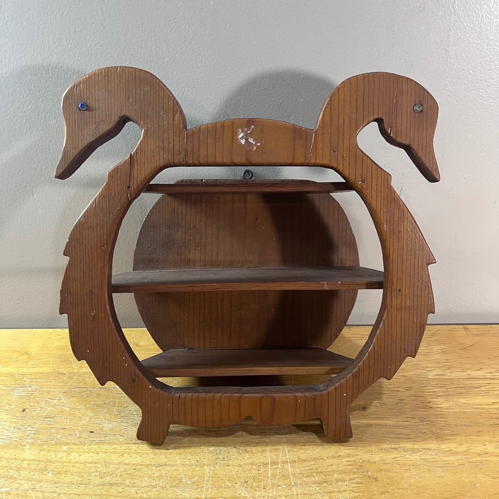 Vtg Wooden Swan Wall Shelf Brown Rustic Folk Art Double Bird 3-Tier Display